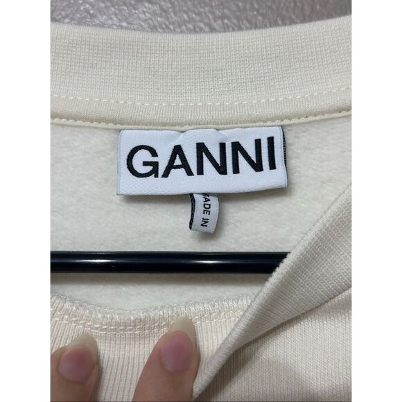 NWOT Ganni Puff Shoulder Cream Embroidered Logo Sweatshirt Sweater Women's L - Picture 5 of 11